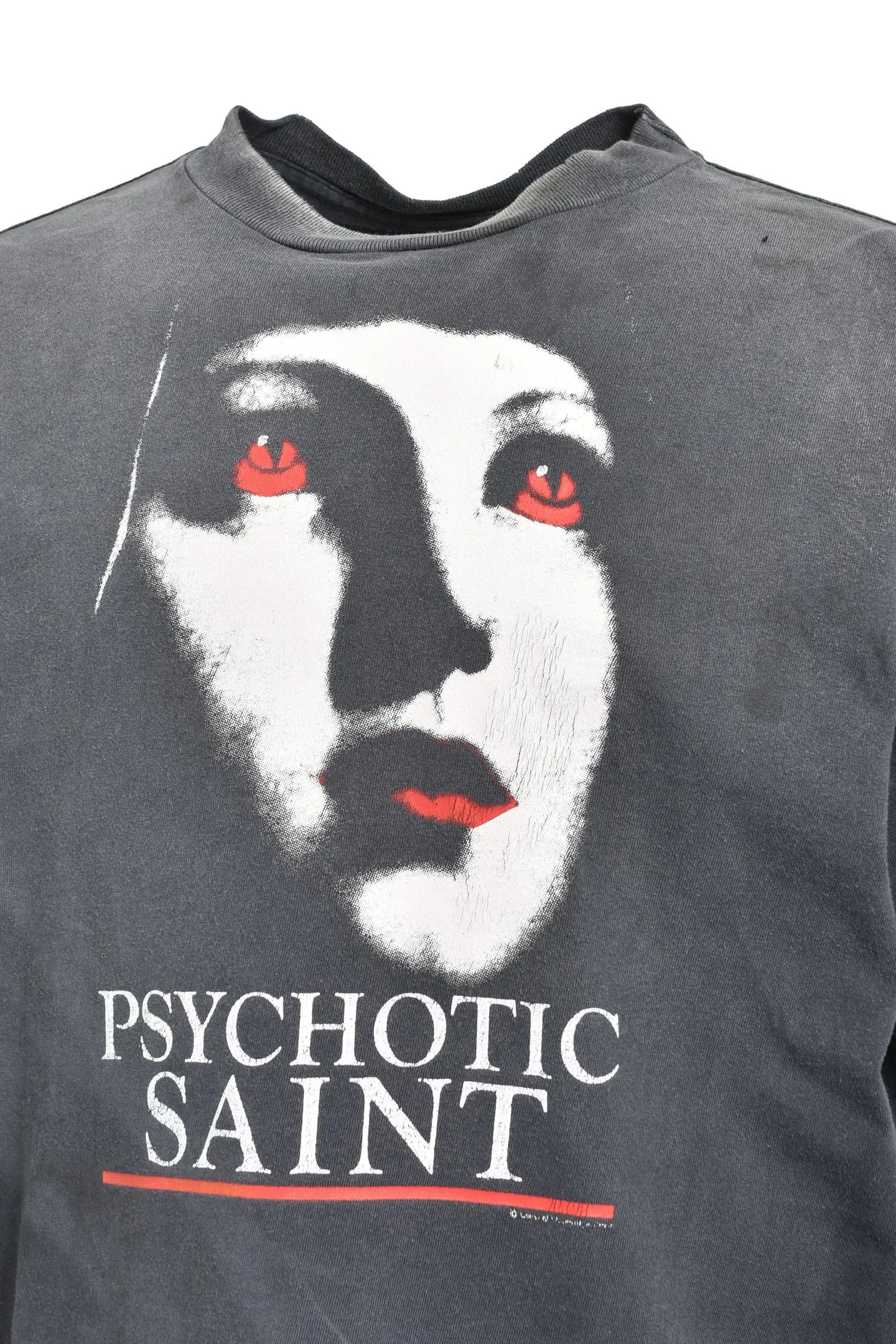 SAINT Mxxxxxx SS TEE/PSYCHOTIC SNT/BLK Gothic heavy metal rock style retro short-sleeved Mysterious woman's face print distressed TEE Washed black S-XL Same as the original version Cylindrical side seam OE yarn fabric Garment dyeing Faded by heavy washing Bust plaster faded Correct version Matching with the original version Accessories Original level printing restoration